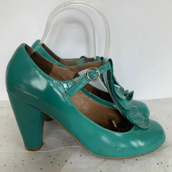 Jeffrey Campbell Y2K Frill Teal Blue Green Ruffle T strap Retro Inspired Pump 7 - Picture 3 of 10